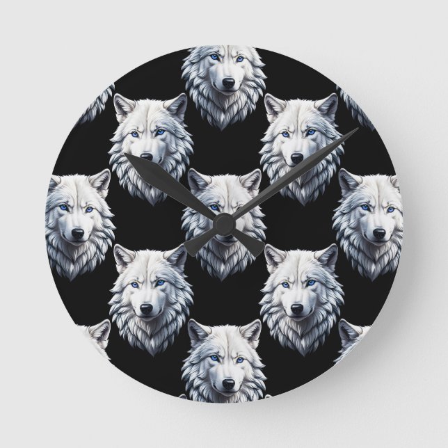 White Wolf Head Pattern Design  Round Clock (Front)