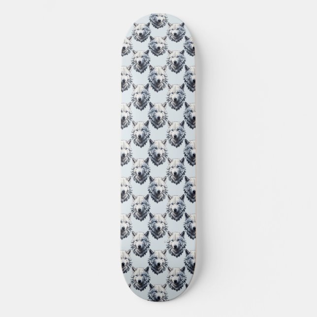 White Wolf Head Pattern Design - White  Skateboard (Front)
