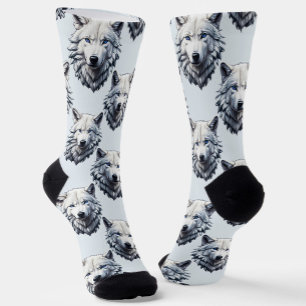 White Wolf Head Pattern Design - White Socks
