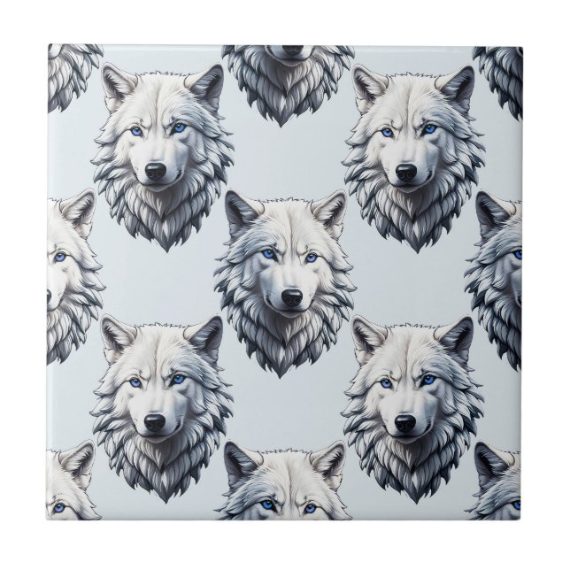 White Wolf Head Pattern Design - White  Tile (Front)
