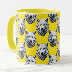 White Wolf Head Pattern Design Yellow Mug