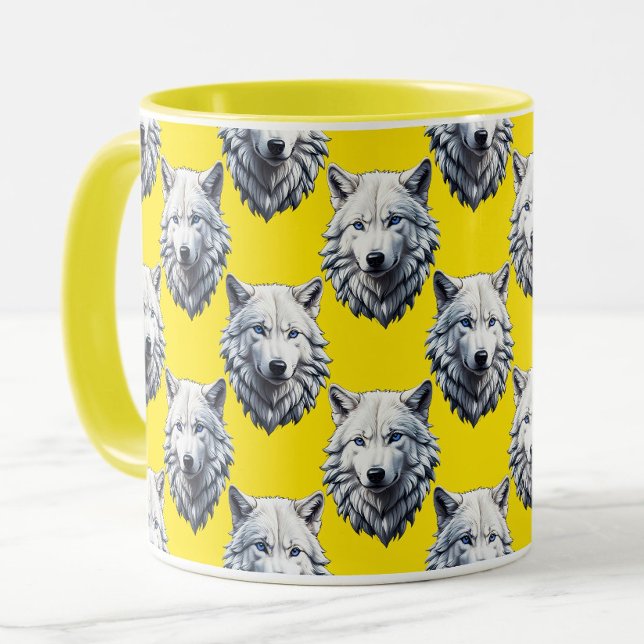 White Wolf Head Pattern Design Yellow  Mug (Creator Uploaded)