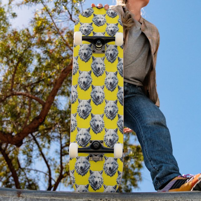 White Wolf Head Pattern Design Yellow  Skateboard (Creator Uploaded)