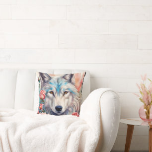white wolf head pink roses wildlife painting cushion