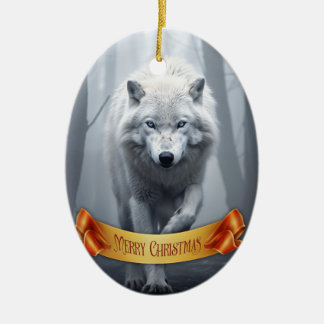 White Wolf in Foggy Forest Ceramic Tree Decoration