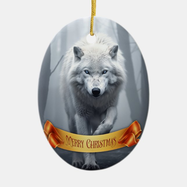 White Wolf in Foggy Forest Ceramic Tree Decoration (Front)