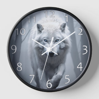 White Wolf in Foggy Forest Clock