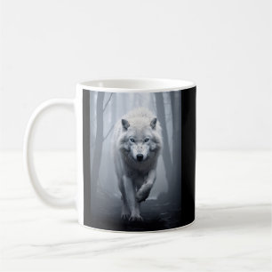 White Wolf in Foggy Forest Coffee Mug