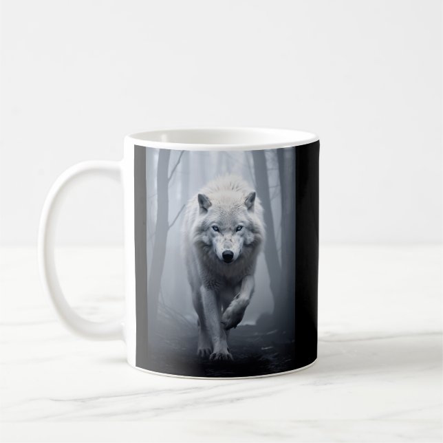 White Wolf in Foggy Forest Coffee Mug (Left)