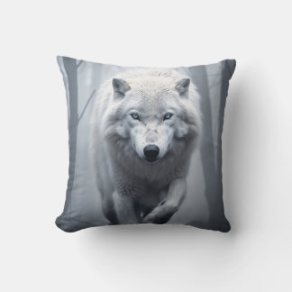 White Wolf in Foggy Forest Cushion