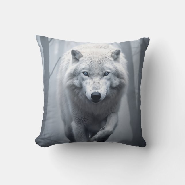 White Wolf in Foggy Forest Cushion (Front)