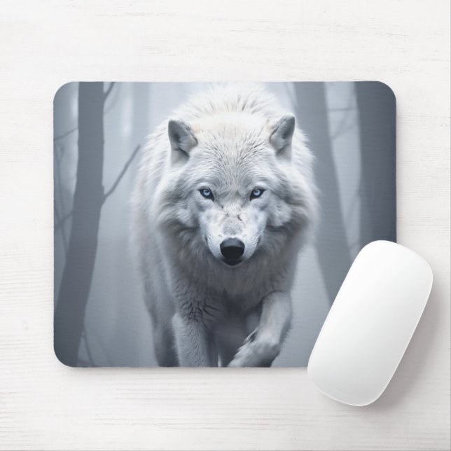 White Wolf in Foggy Forest Mouse Pad (With Mouse)