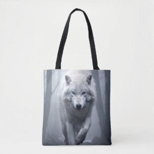 White Wolf in Foggy Forest Tote Bag