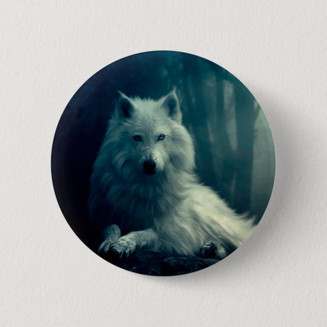White wolf in the night forest 6 cm round badge (Front)