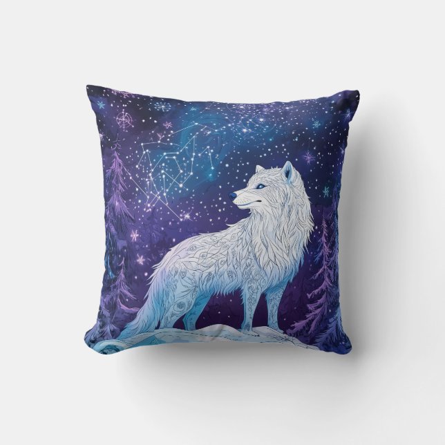 White wolf in winter with magical starry sky cushion (Front)