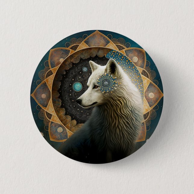 White Wolf Mandala 6 Cm Round Badge (Front)
