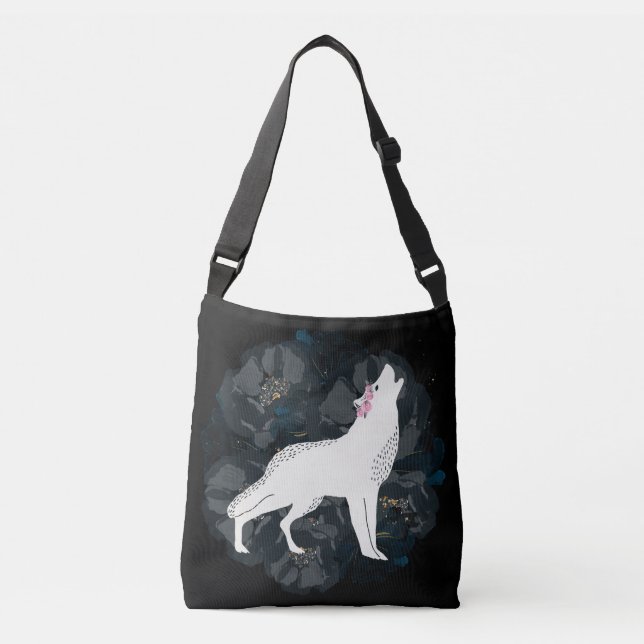 White Wolf on Circle of Black Roses Crossbody Bag (Front)