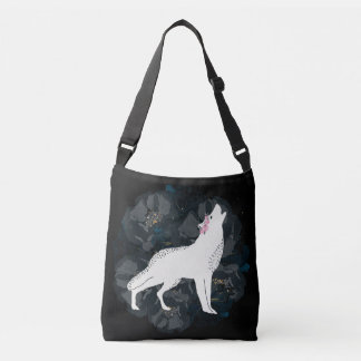White Wolf on Circle of Black Roses Crossbody Crossbody Bag