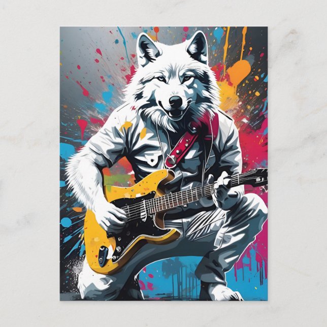 White wolf playing guitar, graffiti postcard (Front)