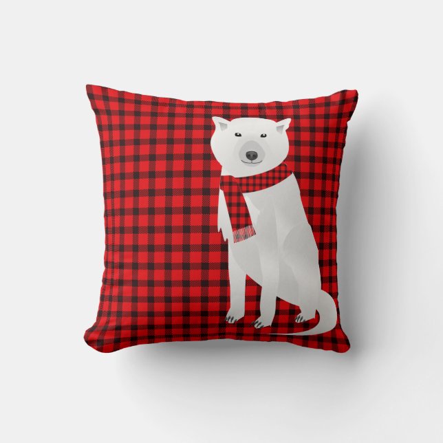 White Wolf Red & Polar Bear with Cub Buffalo Plaid Cushion (Front)