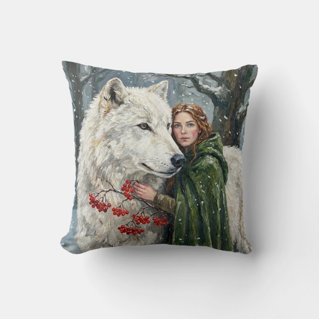 White Wolf Redhead Druid Winter Berries Fantasy Ar Cushion (Front)