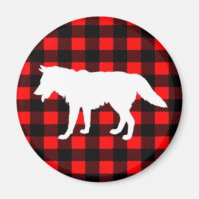 White Wolf & Rustic Black Red Buffalo Check Plaid Magnet (Front)