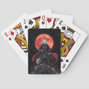 White Wolf Samurai Under the Crimson Blood Moon Playing Cards