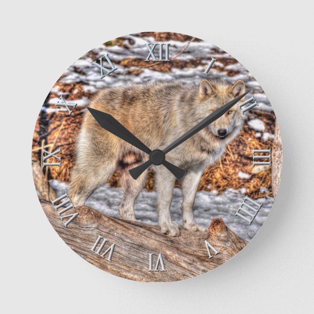 White Wolf, Snow & Log Wildlife Art Clock (Front)