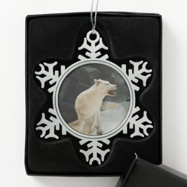 White Wolf Snowflake Pewter Christmas Ornament (Box)
