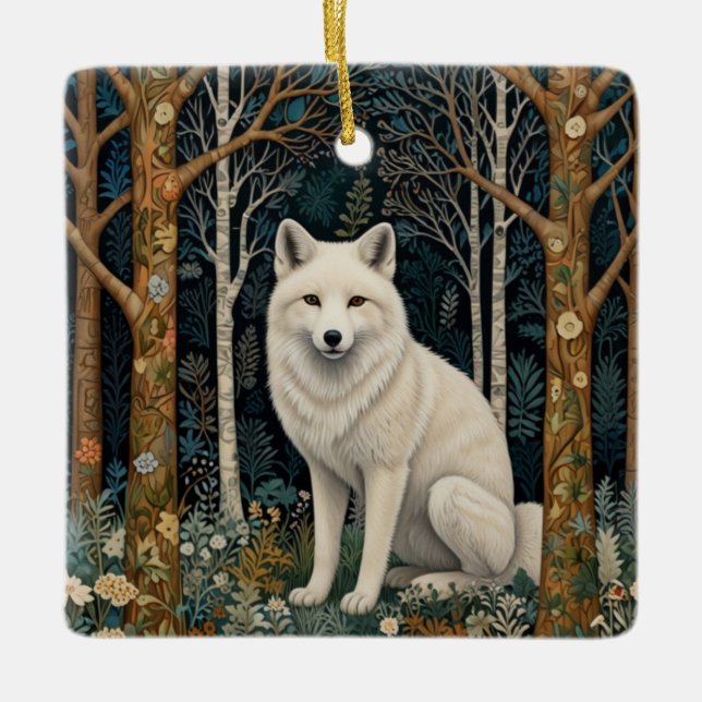 White wolf vintage boho woodland forest  ceramic ornament (Front)