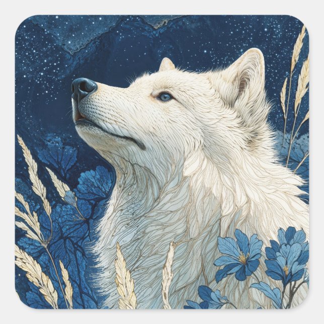 White Wolf with Blue Flowers and Starry Night Square Sticker (Front)