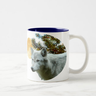 WHITE WOLF WITH MOON Two-Tone COFFEE MUG