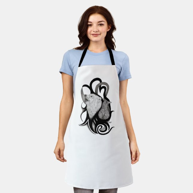 White Wolf with Raven Tribal Art Apron (Worn)