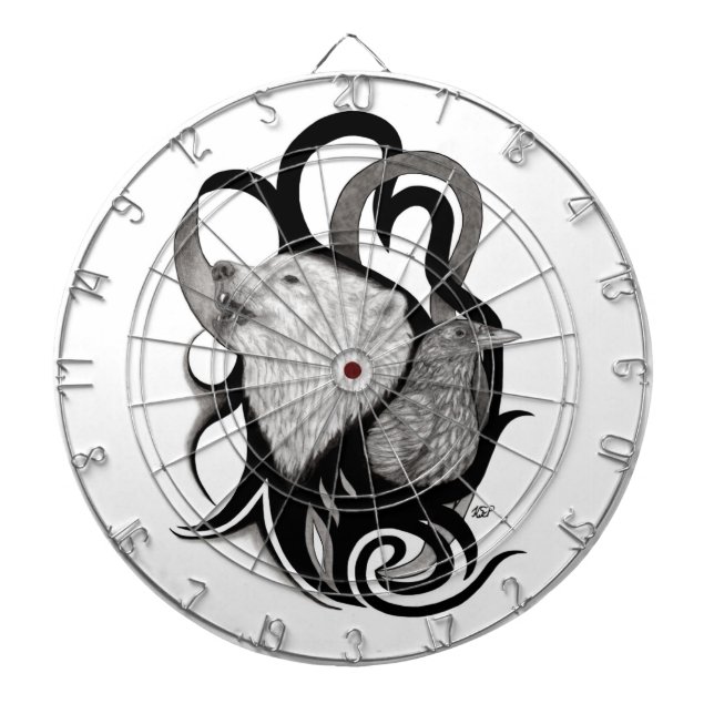 White Wolf with Raven Tribal Art Dartboard (Front)