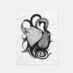 White Wolf with Raven Tribal Art Fleece Blanket