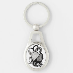 White Wolf with Raven Tribal Art Key Ring