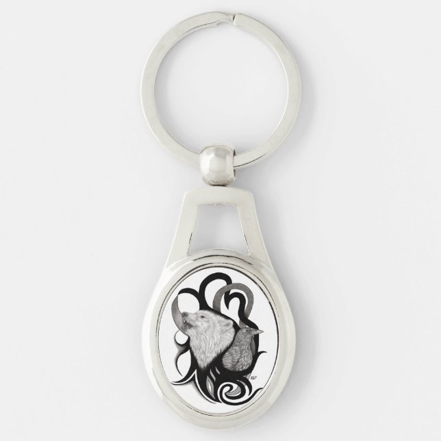 White Wolf with Raven Tribal Art Key Ring (Front)