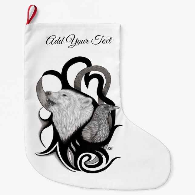 White Wolf with Raven Tribal Art Large Christmas Stocking (Front)