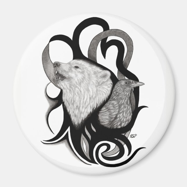 White Wolf with Raven Tribal Art Magnet (Front)