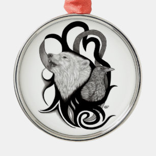 White Wolf with Raven Tribal Art Metal Tree Decoration