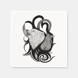 White Wolf with Raven Tribal Art Napkin