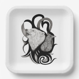 White Wolf with Raven Tribal Art Paper Plate
