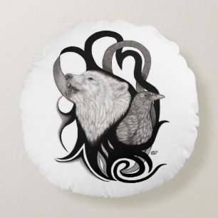 White Wolf with Raven Tribal Art Round Cushion