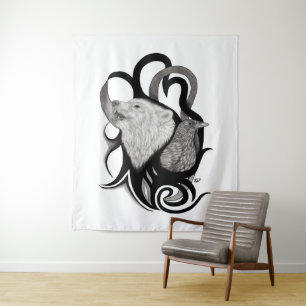 White Wolf with Raven Tribal Art Tapestry