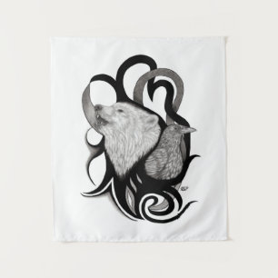White Wolf with Raven Tribal Art Tapestry
