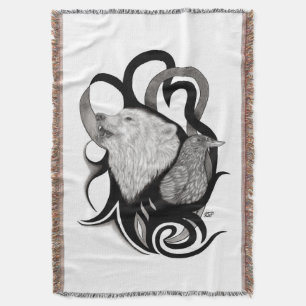 White Wolf with Raven Tribal Art Throw Blanket