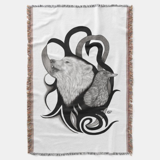 White Wolf with Raven Tribal Art Throw Blanket (Front Vertical)