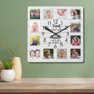 White Wood 12 Photo Collage Family Time Quote   Square Wall Clock