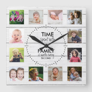 White Wood 12 Photo Template Time Family Quote Square Wall Clock