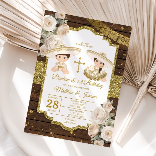 White Wood Baptism 1st Birthday Twin Boy & Girl Invitation (Creator Uploaded)